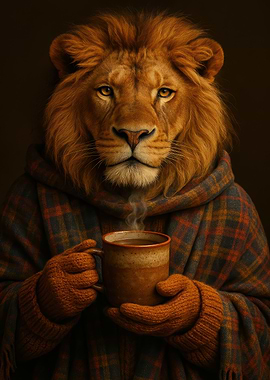Lion with Coffee in Plaid Blanket
