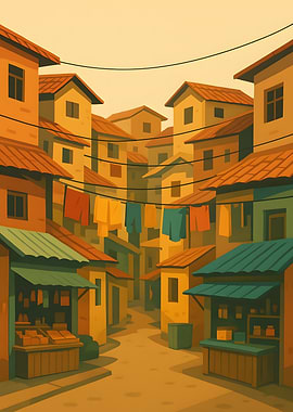 Warm-toned cityscape with hanging laundry