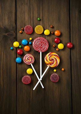 Colorful Candy Arrangement on Wooden Surface