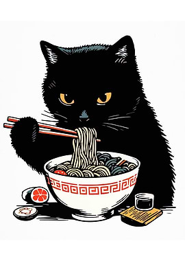 Black Cat Eating Ramen Illustration