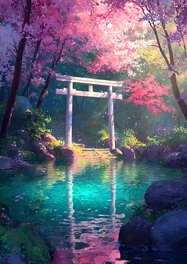 Cherry Blossom Torii Gate and Pond