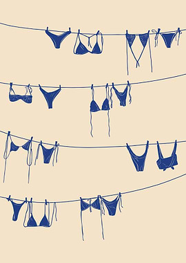 Blue Swimsuits on Clothesline Illustration