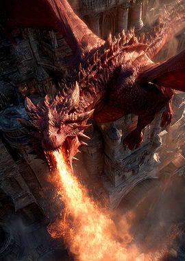 Red Dragon Breathing Fire on Castle