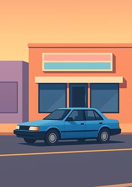 Blue Car in Front of Store