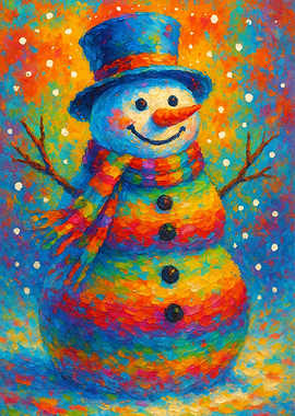 Colorful Snowman Painting with Hat and Scarf