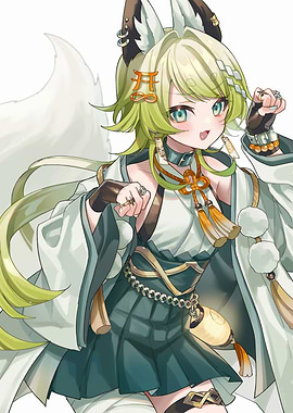 Anime Fox Girl with Green Hair
