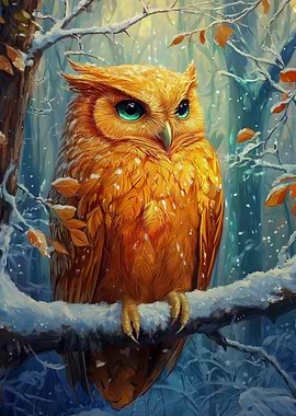 Orange Owl in Winter Forest