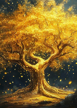 Golden Tree with Falling Leaves