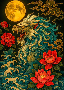 Chinese Lion, Moon, and Flowers