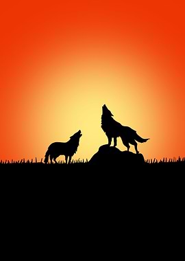 Howling Wolves Silhouette at Sunset