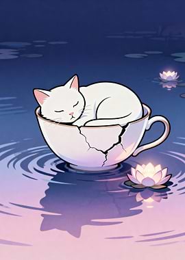 Sleeping Cat in Teacup on Water