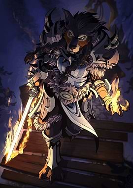 Armored Wolf Warrior with Flaming Sword