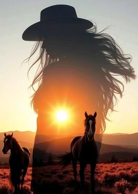 Cowgirl Silhouette with Horses at Sunset