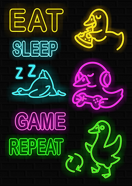 Eat Sleep Game Repeat Neon Ducks