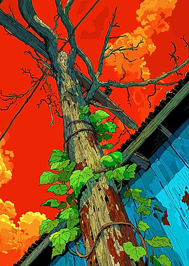 Vines on a weathered wooden pole