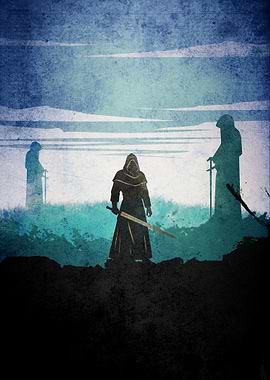 Hooded Figures with Swords in Landscape