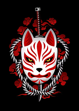 Kitsune Mask with Sword and Clouds