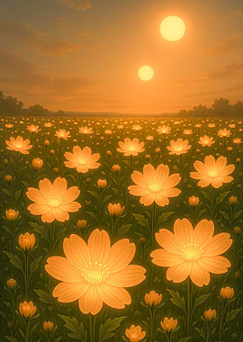 Fantasy Golden Flower Field with Two Suns