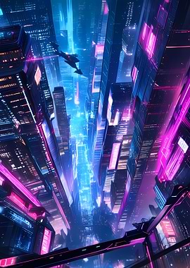Cyberpunk Cityscape with Flying Vehicle