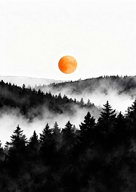 Misty Forest with Orange Sun