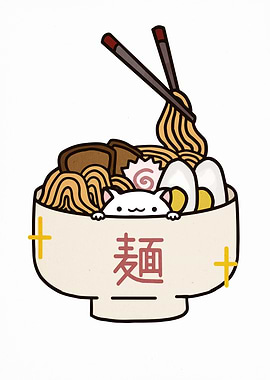 Cute Cat in Ramen Bowl Illustration