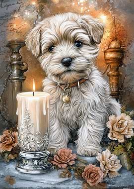 Cute Puppy with Candle and Roses