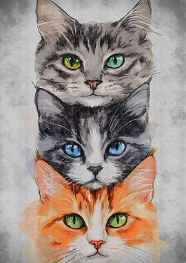 Three Cats Stacked Watercolor Painting
