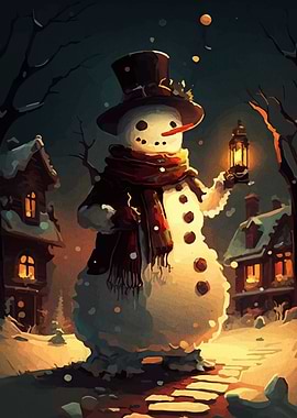 Snowman with Lantern in Winter Village