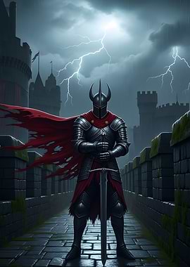 Knight in Armor on Castle Wall