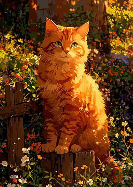 Orange Cat in a Flower Garden