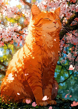 Content Cat Under Cherry Blossoms