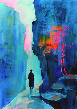 Abstract Figure in Blue Landscape Painting