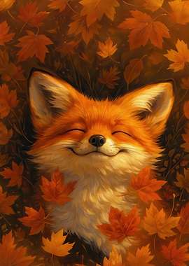 Smiling Fox in Autumn Leaves