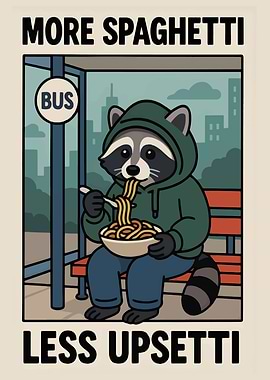 Raccoon Eating Spaghetti at Bus Stop