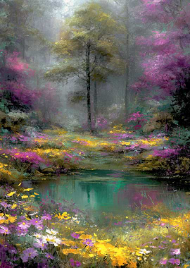Floral pond in a misty forest