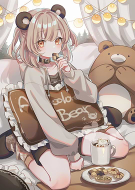 Anime Girl with Bear Accessories and Cookies