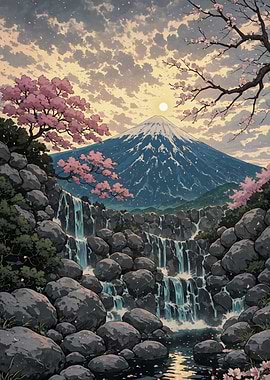 Mount Fuji and Cherry Blossoms Sakura Japanese Traditional Art Landscape