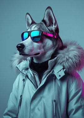 Cool Neon Husky with Sunglasses and Parka