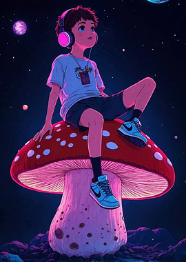 Boy on Mushroom with Headphones