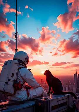 Astronaut and Cat Watching Sunset Cityscape