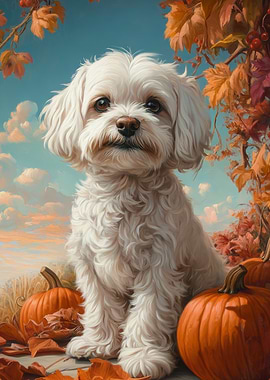 Cute Maltese Dog with Pumpkins in Autumn | Fall Dog Portrait