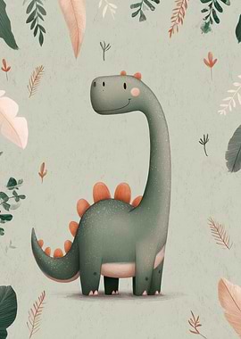 Cute Dinosaur Illustration with Botanical Background