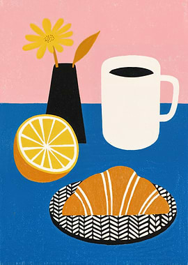 Breakfast Still Life with Croissant and Coffee