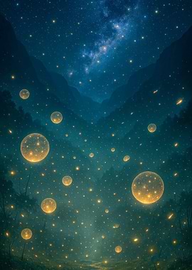 Starry Night with Floating Orbs Fantasy