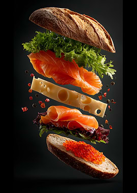 Deconstructed Salmon Sandwich on Black Background