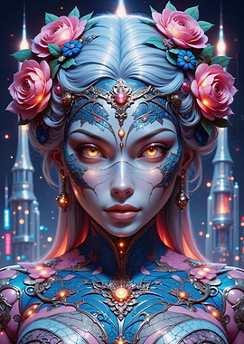 Fantasy Woman with Floral Crown and Armor