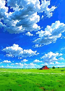 Anime Style Farm Landscape with Red Barn