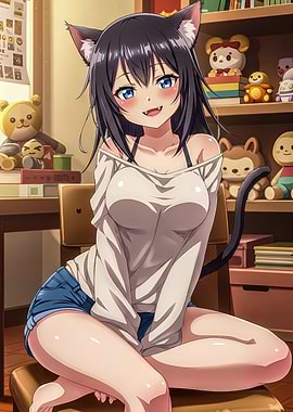 Anime Catgirl Sitting in Room