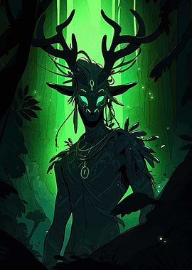 Forest Spirit with Antlers in Green Light