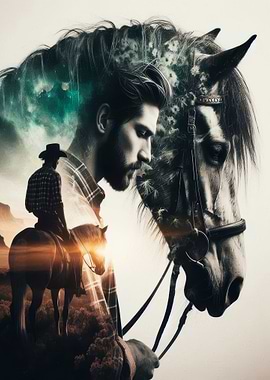 Cowboy and Horse Double Exposure Portrait